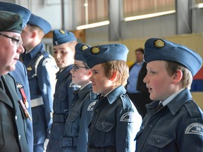 Lt.-Col. Tom McNeil is seen here inspecting Timmins cadet corporals Lucas Fauvelle, Ryan Briand, Hunter Jacques, and Alex Irvine the 77th-annual Review of the Timmins Kiwanis Royal Canadian Air Cadets held Saturday.