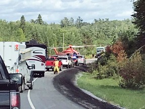 ORNGE air ambulance at the scene of an incident that took place on Highway 71 north of Sioux Narrows, Wednesday, June 6. The highway was closed for about six hours while the police investigation was underway.
David Weber/Via Twitter