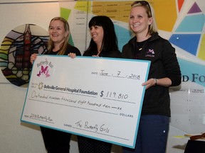 Jonathan Ludlow/The Intelligencer
The Butterfly Girls (from left) Barb Matteucci, Beth Primeau, and Loralee McInroy, present a cheque for $119,810 to the Belleville General Hospital Foundation Thursday. The Butterfly Girls have been organizing the annual Butterfly Run each year in order to raise money and provide love and support to families that have experienced pregnancy or infant loss.