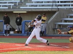 The Giants put bat to ball for a successful hit in their game against the Edmonton Prospects on June 6, 2018 at Shell Place in Fort McMurray. Laura Beamish/Fort McMurray Today/Postmedia Network.