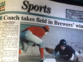 This week’s Throwback Thursday goes back to 2001 and a  strange situation at a Melfort Brewers’ baseball game.
Brewers’ manager Dale McHarg was forced into the field after first baseman Dana Dirks was ejected for arguing with the umpire. McHarg explained that it was all right except he didn’t have a chance to warm up.
The Brewers defeated the Tisdale Rangers 16-5 at Spruce Haven Park.