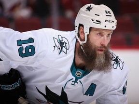 St. Thomas native Joe Thornton of the San Jose Sharks awaits a face off during the first period of the NHL game against the Arizona Coyotes at Gila River Arena on Jan. 16. The Timken Centre will be officially renamed the Joe Thornton Community Centre on June 23 while the hockey legend is in the city. (Christian Petersen/Getty Images)