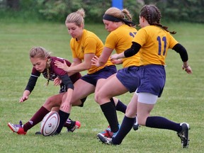 From left, St. Mike's players Georgia Schoonderwoerd, Lydia Duncan and Sydney Dewys chase down a Niagara Falls St. Michael player trying to collect a loose ball during the OFSAA 'A/AA' girls rugby championships Wednesday in Stratford. The Warriors won 43-0 and ended up finishing sixth overall. (Cory Smith/The Beacon Herald)