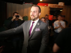Kingston and the Islands new MPP Ian Arthur arrives at his election after party. Elliot Ferguson./ The Whig-Standard