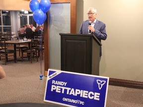 Perth-Wellington elected MPP Randy Pettapiece talks to supporters and thanks them for their support at the Listowel Golf Club. (JONATHAN JUHA/THE BEACON HERALD)