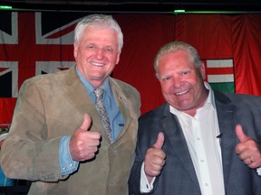 Ontario Progressive Conservative leader Doug Ford, right, and Haldimand-Norfolk MPP Toby Barrett had a good feeling about Thursday’s provincial election as they took part in an election eve rally in Caledonia Wednesday. Turns out those good vibes were correct as the PCs were elected Thursday with an ample majority. MONTE SONNENBERG / SIMCOE REFORMER