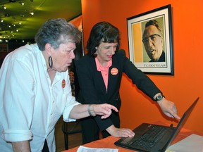 NDP candidate Karen Gventer, right, and her campaign co-manager Beverly Morley look at election results at the NDP campaign office in downtown Owen Sound. DENIS LANGLOIS/THE SUN TIMES