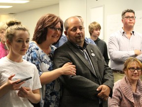 Yvan Génier watch the results of the 2018 provincial election with his family, friends and campaign staff at his office at 190 Third Ave. on Thursday in Timmins. He obtained 4,634 votes at 29.64%.