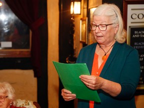 Luke Hendry/The Intelligencer
Bay of Quinte NDP candidate Joanne Belanger delivers a speech while conceding defeat to Progressive Conservative Todd Smith Thursday at the Beaufort Pub in Belleville. She said she hopes young people will remain involved with the party and seek candidacy.