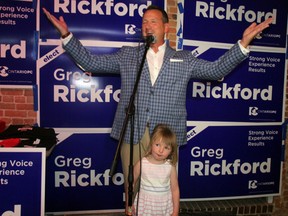 Progressive Conservative Greg Rickford celebrates his victory in Kenora-Rainy River in the 2018 Ontario Election, Thursday, June 7, with his youngest daughter Kathryn. SHERI LAMB/Daily Miner and News/Postmedia Network