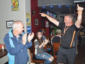 Photo by KEVIN McSHEFFREY/THE STANDARD
Algoma-Manitoulin’s NDP candidate Michael Mantha walked into Jackleggers Bar and Grill in Elliot Lake after winning his seat in Thursday’s provincial election. He was welcomed by a couple of dozen party members, volunteers and supporters.