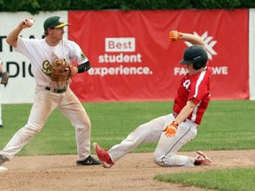 Glendale Gemini shortstop Alex Fishback, left, gets the force out at second and tries to complete the double play in London, Ont. on Wednesday May 30, 2018 at Labatt Park at WOSSAA varsity boys' baseball. Glendale lost 7-6 in the semifinals to Stratford Central and lost 9-5 to London's St. Thomas Aquinas in the bronze medal game. Greg Colgan/Woodstock Sentinel-Review/Postmedia Network