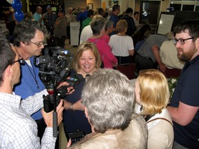 Huron-Bruce MPP Lisa Thompson is scrummed by reporters after being declared the winner in Thursday night's provincial election. (Scott Dunn/The Sun Times)