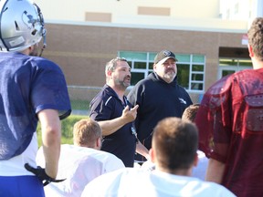 Sudbury Spartans coach Jr. Labrosse talks to his team prior to team practice in Sudbury, Ont. on Thursday June 7, 2018. Gino Donato/Sudbury Star/Postmedia Network