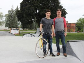 Jacob Rusen-Steele, left, and Bruce Whitaker stand at Stratford's All-Wheels Park on Downie Street. They will be leading phase 2 of the skate park, scheduled to be built later this summer. JONATHAN JUHA/THE BEACON HERALD/POSTMEDIA NETWORK