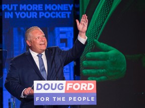 Nathan Denette/The Canadian Press
Ontario PC leader Doug Ford looks up and acknowledges his late brother Rob Ford after winning the Ontario Provincial election to become the new premier in Toronto.