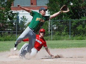 Scollard Hall Bears third baseman Brad Hubley reaches for a high throw while Parker Hamelin of the Chippewa Raiders slides into third on an RBI double during the first inning of NDA semifinal baseball action on the Veterans Park diamond, Friday. Chippewa held on for a 6-5 win to advance to the championship final against the Algonquin Barons Monday at 5 p.m. Algonquin, the defending champions, eliminated the West Ferris Trojans 11-3 in the early semi. Dave Dale / The Nugget