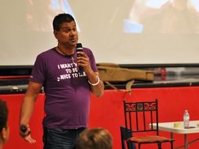 Chris D'Souza speaks to students from across Chatham about privilege during an equity workshop at Indian Creek Road Public School on June 7. Tom Morrison/Chatham This Week