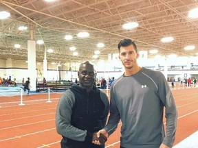 Canadian Olympian Ben Johnson and North Bay`s Nick Laporte, who is gearing up to hopefully make the national track team for the 2020 Olympics, are teaming up again to offer speed, power and endurance clinics in the city July 2-6. Submitted Photo