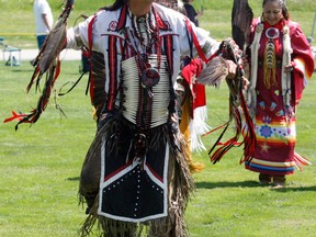 Adult male lead dancer, Ned Benson, Saturday during the North Bay Indigenous Friendship Centre's Maamwi Kindaaswin Pow-wow at Lee Park.