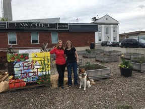 Marsha Beebe and Nicole Hearnes stand in the garden plot on the corner of Bridge Street and Centre Street in Napanee. (Meghan Balogh/The Whig-Standard/Postmedia Network)