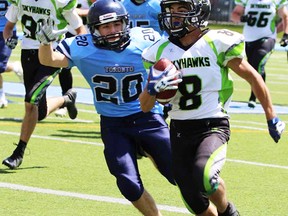 Austin Grills breaks away from a Toronto Junior Argonauts defender to score a touchdown Sunday at St. Michael's College in a historic franchise-first 14-10 OFC victory by the expansion Quinte Skyhawks. (Submitted photo)