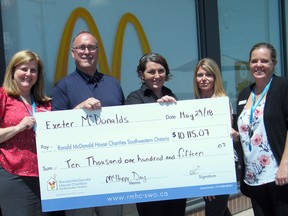 The Exeter McDonald’s recently donated $10,115.07 to The Ronald McDonald House of Southwestern Ontario. The money was raised from the May 2 McHappy Day. Pictured from left are Ronald McDonald House of Southwestern Ontario CEO Tracey Keighley-Clarke, Exeter McDonald’s owner Rob Reid, general manager Amanda McVeeney, human resources staffer and McHappy Day co-ordinator Paula Gorman and director of development for Southwestern Ontario Heather Hoare. (Scott Nixon/Exeter Lakeshore Times-Advance)