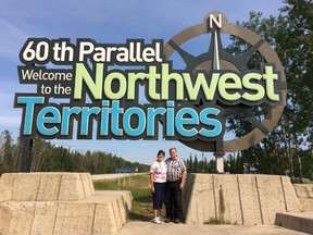 On the second half of their Canada 150 trip, Mary Lou (left) and Jack Hodgert (right) visited the Northwest Territories. While the couple was there, they took a quick photo by the "60th Parallel, Welcome to the Northwest Territories" sign. (Handout/Exeter Lakeshore Times-Advance)