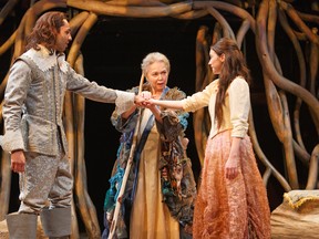 From left: Sébastien Heins as Ferdinand, Martha Henry as Prospero and Mamie Zwettler as Miranda in The Tempest. (David Hou/Stratford Festival)