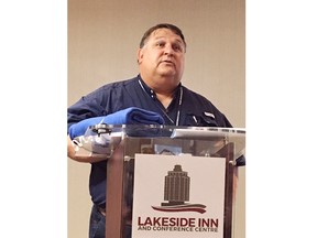 Lake of the Woods District Hospital president and CEO Mark Balcaen reflects on highlights of the past 20 years as senior hospital administrator in his farewell address to staff and colleagues during the annual meeting on Thursday, June 7.
Bonnie Baltessen/Special to the Miner and News