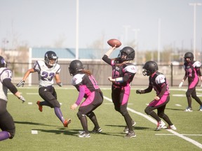 Northern Anarchy quarterback Celine Mousseau prepares to throw the ball downfield in a Western Women’s Canadian Football League game against the Lethbridge Steel at CKC Field. The Anarchy finished off WWCFL regular-season play at 0-4.