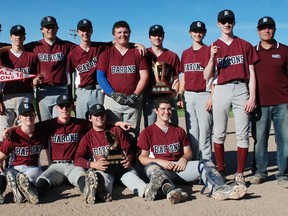 The Algonquin Barons repeated as NDA baseball champions with a 13-4 win over the Chippewa Raiders at the Veterans Park diamond, Monday. Team members include: Kyle Kennedy, Pat Maille, Eric Mondoux, Zach Dwyer, Cody Stevens, Jesse Kirkby, Nic Tessier, Matt Cirullo, Matt Hardwick, Sam Laforge, Jordan Kennedy and David McGill with coaches Dan Tessier, Norm Champagne and Brendan Tessier. Dave Dale, The Nugget