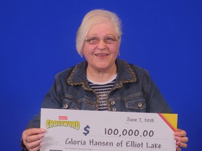 Photo supplied
Elliot Lake’s Gloria Hansen displays her $100,000 cheque.