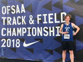 Corbin Deblois of Timmins High and Vocational School displays his silver medal after placing second in the midget boys’ high jump during the OFSAA Track and Field Championships held in York Lions Stadium at Toronto’s York University last week.