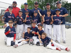 The Chatham Diamonds celebrate after winning the Chatham Minor Baseball Association rookie tournament at Jaycee Park in Chatham, Ont., on Sunday, June 10. 2018. The Diamonds are, front row, left: Kayden Presley, Owen Bishop, Bryden Parker, Camden Arnold and Cullen Abbott. Middle row: Gino DeSantis, Jackson Liberty, Owen Debicki, Kylan McGregor, Colin Stevenson and Tiago Rolo. Back row: coaches Cole Abbott, Joe Liberty, Ryan Presley, Jon Presley and Leighton Bishop. (Contributed Photo)