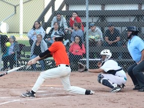 A Gronlid Giants’ player fouled off a pitch during Game 1 of the team’s dounleheader with the James Smith Thunderbirds on Wednesday, June 6.