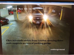 St. Thomas police are asking for the public’s help identifying suspects in surveillance video they say shows three suspects stealing vehicles from a parking garage. (Contributed photos)