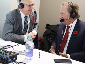 Jack Miller (left) in the broadcast booth at Yardmen Arena with B-Sens owner Eugene Melnyk during the AHL team's inaugural 2017-18 season in Belleville. (CJBQ photo)