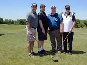 Mayor Taso Christopher, left, Warden Rodney Cooney, Mayor Jim Harrison and Councillor Gord Fox, standing in for Mayor Robert Quaiff, tee off for the 35th Annual Mayors’ Golf Challenge on Tuesday at Trillium Woods Golf Course in Corbyville. The annual golf tournament is a fundraiser for Community Living Belleville and Area with raised funds earmarked for the purchase of an accessible vehicle.