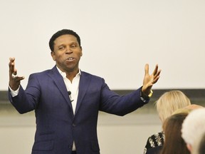 Michael “Pinball” Clemons gets the crowd going during the Stratford General Hospital Foundation’s annual general meeting at the Stratford Country Club on Tuesday, June 12, 2018 in Stratford, Ont. (Terry Bridge/Stratford Beacon Herald)