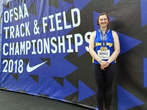 Brantford Collegiate Institute student Alexa Windle won gold in discus and bronze in shot put competing in the midget girls division at the recent OFSAA track and field championship in Windsor. (Submitted Photo)