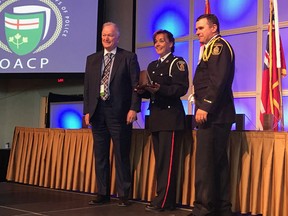 Const. Hally Wilmott is presented with the School Resource Officer Award of Excellence at the Ontario Association of Chiefs of Police annual general meeting in Huntsville. (Photo supplied)