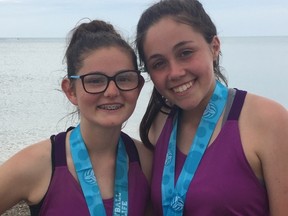 Lauryn Lahey, left, and Elliot Cowan of Chatham, Ont., won gold in the 14-and-under girls' premier division at an Ontario Volleyball Association beach tournament in Grand Bend, Ont., on Saturday, June 9, 2018. (Contributed Photo)
