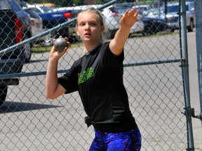 Alaina DeBock-Hubbard of St. Frances readies to throw as part of the intermediate girls shot put at the Dan Barilla Memorial Track and Field Meet at Holy Trinity on Tuesday.
JACOB ROBINSON/Simcoe Reformer