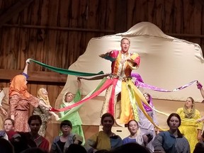 Submitted Photo
Egyptian servant girls unwind colourful ribbons a la maypole festival on the technicolour coat of Joseph, played by Adam Fisher, in Westben’s current production of the 50-year old stage hit by Andrew Lloyd Webber and Tim Rice.