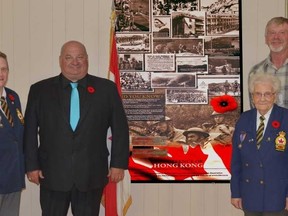 Pictured at the plaque unveiling are Margaret Lamon, Past President of Chesley Legion, Cathy Lamon, President of Chesley Legion 144, Larry Miller MP Grey-Bruce-Owen Sound, Mae Smith, Secretary Peter Street, son of Sid Street and Lori Atkinson-Smith, Hong Kong Commemorative Veteran's Association.