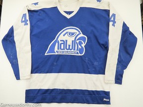 The jersey worn by members of the New Brunswick Hawks when the AHL team won the Calder Cup in 1982. The club was jointly operated by the Toronto Maple Leafs and Chicago Blackhawks. (AHL.com)