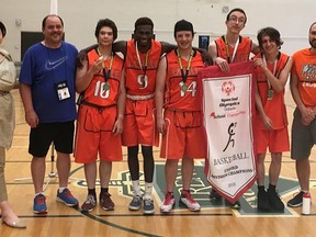 Lasalle Lancers garnered gold at the Special Olympics Ontario School Championships in Unified 3 on 3 Basketball in Peterborough on May 30. Celebrating are, from left, Director of Athletics at Trent University Deborah Bright-Brundle, coach Joe Muffo, William Melanson, RJ Hanna, Brayden Bilyk, Zachary Leonard, Brad Jarvi and coach Justin Oliver. Photo supplied