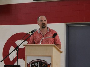 Western School Division board chair Brian Fransen spoke at a public meeting about the lack of school space on June 11. (LAUREN MACGILL, Morden Times)