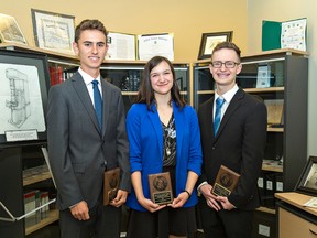 Markus Kunej (left) of North Park Collegiate, and BCI students Rianna Crawford and Joshua Clugston are presented with James Hillier Scholarships at a ceremony on Wednesday. (Brian Thompson/The Expositor)